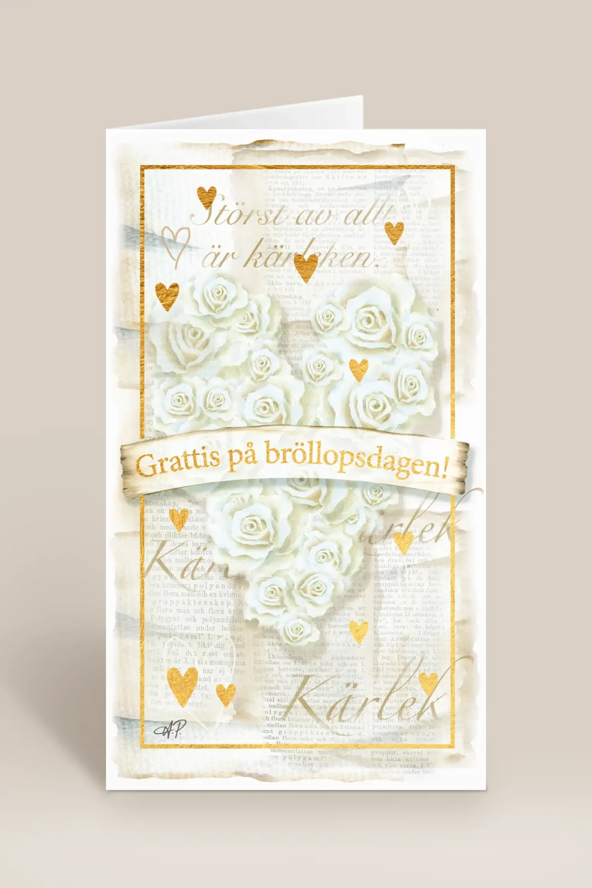Grattis på bröllopsdagen guldhjärtan & vita rosor
